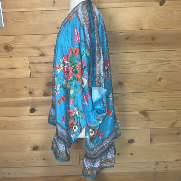 NWT Umgee boho turquoise silky floral kimono swim cover wrap poncho ruana XL 1X - Picture 6 of 16